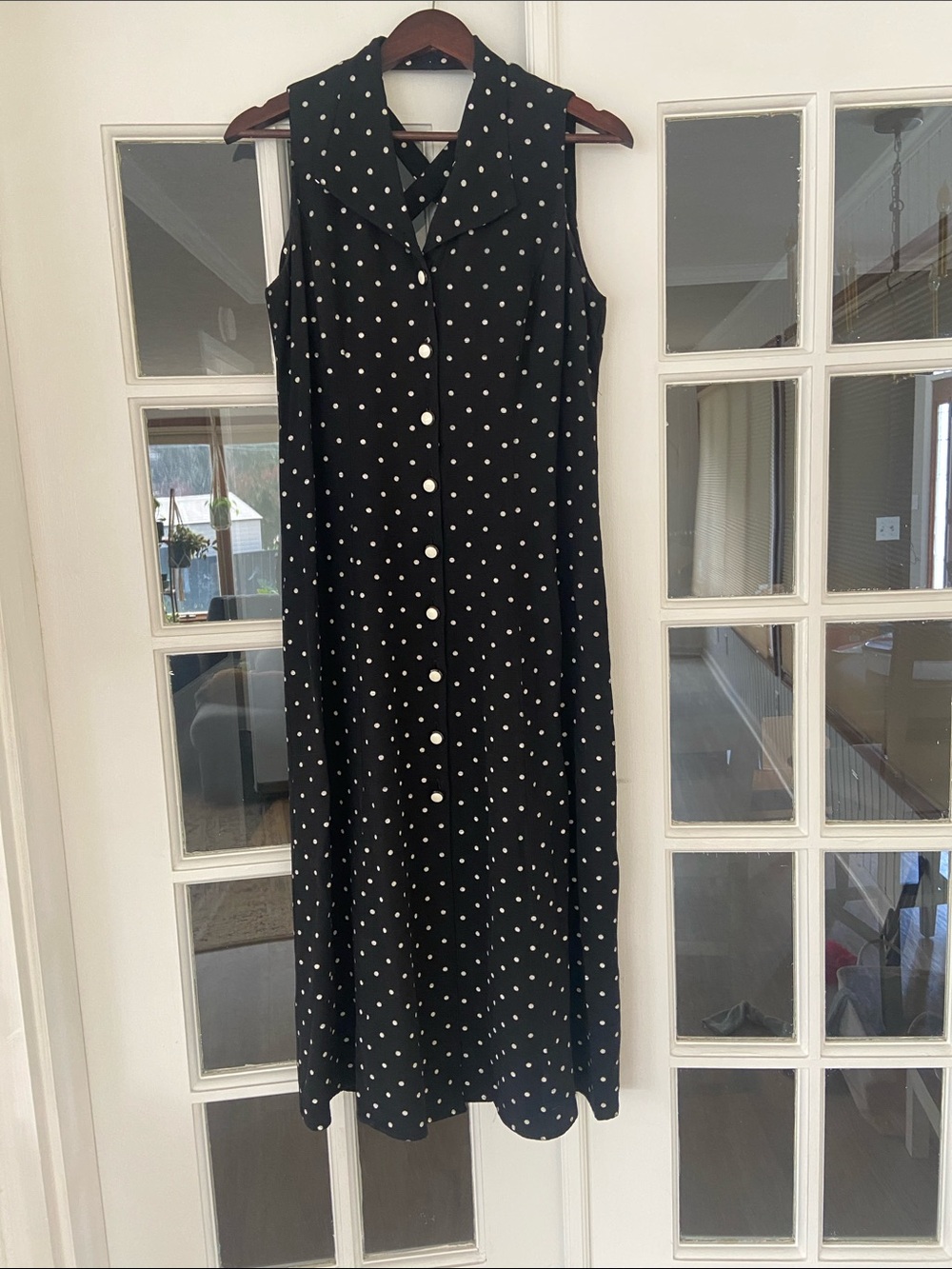 Vintage John Roberts Black Polka Dot Sleeveless Button-Front Midi Dress